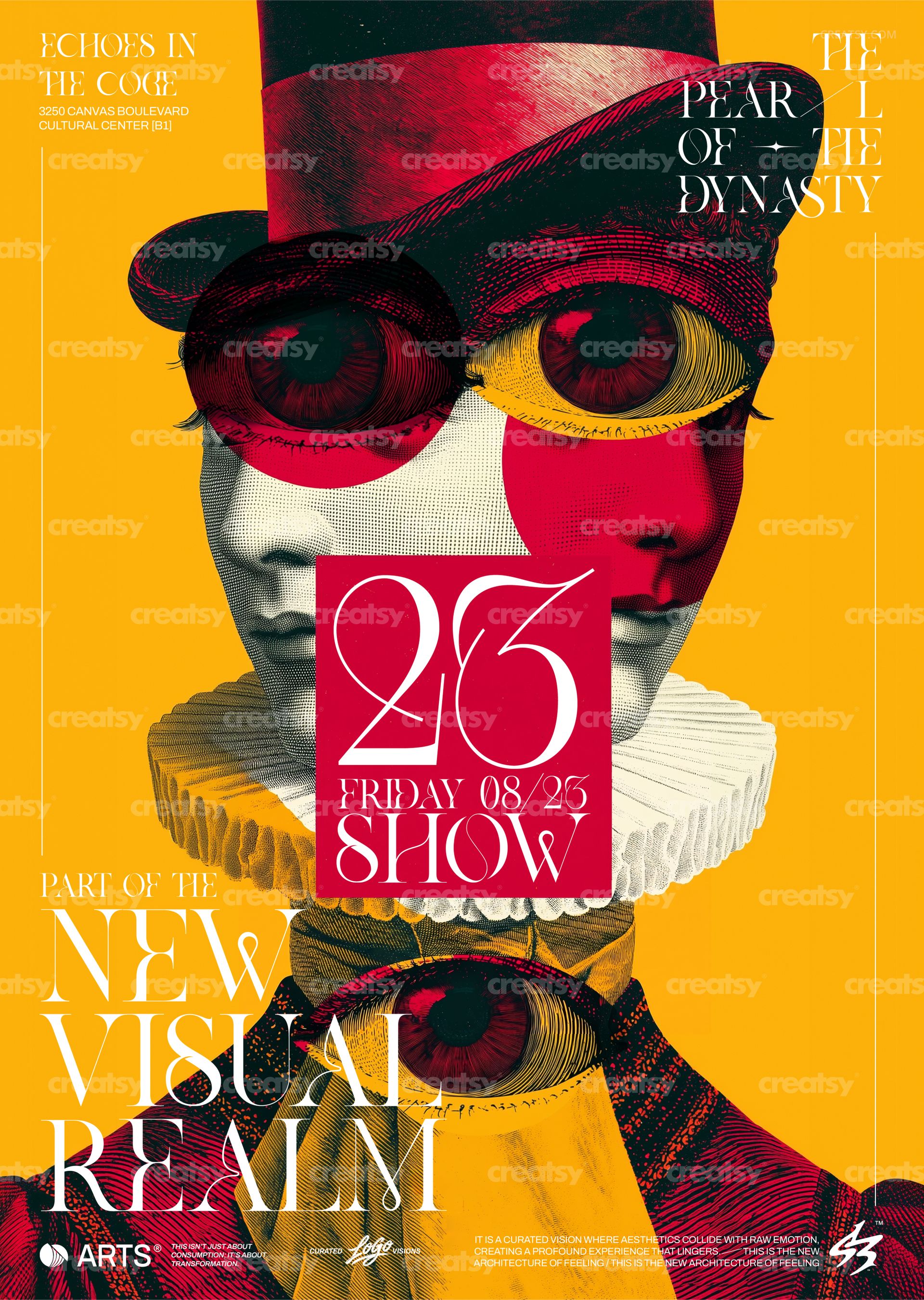Engraved eye collage poster mockup showing a surreal face with geometric shapes and vibrant color contrasts.