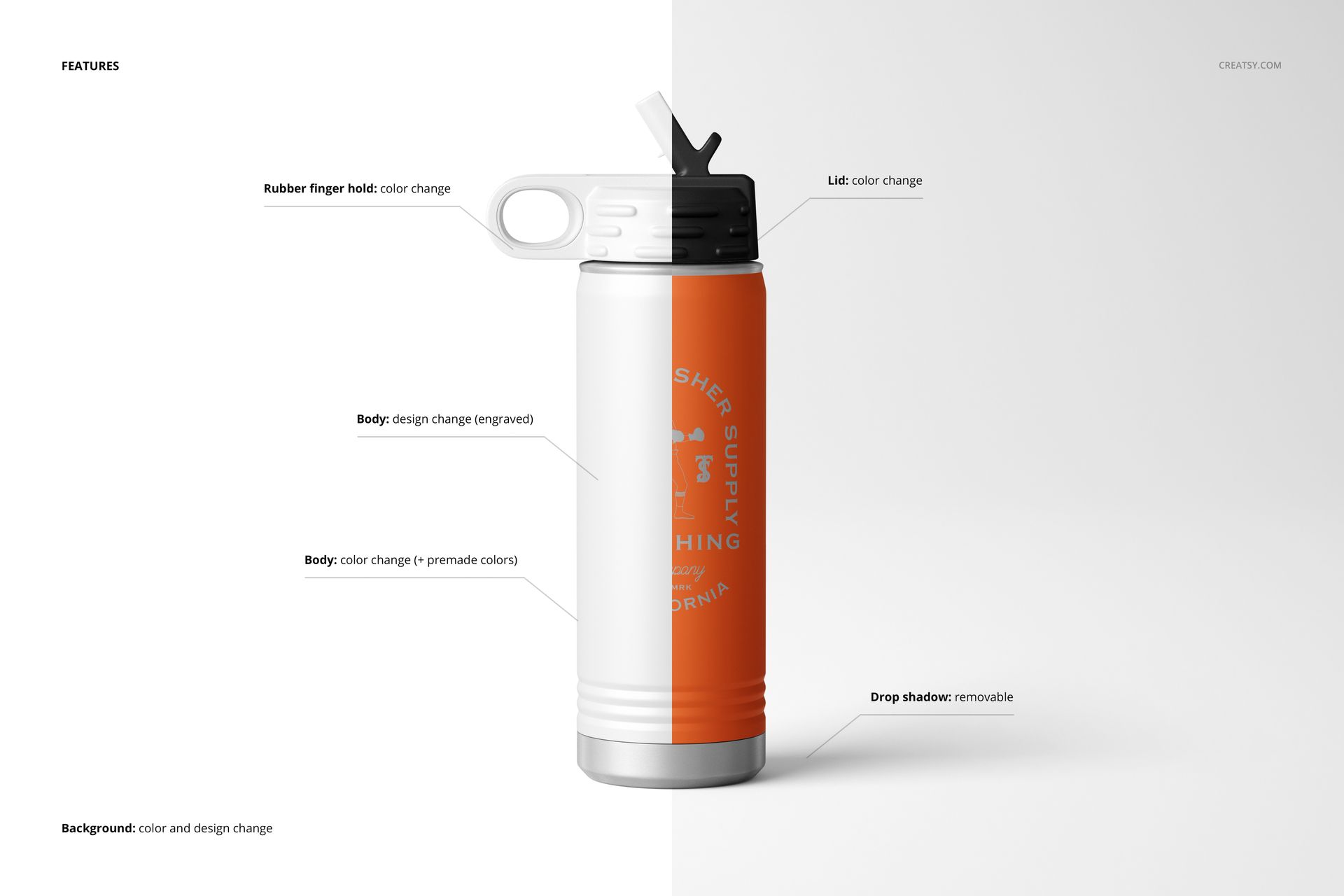 Front view of a powder coated 20 oz. water bottle mockup with an orange and white split design, lid open, on a white background.