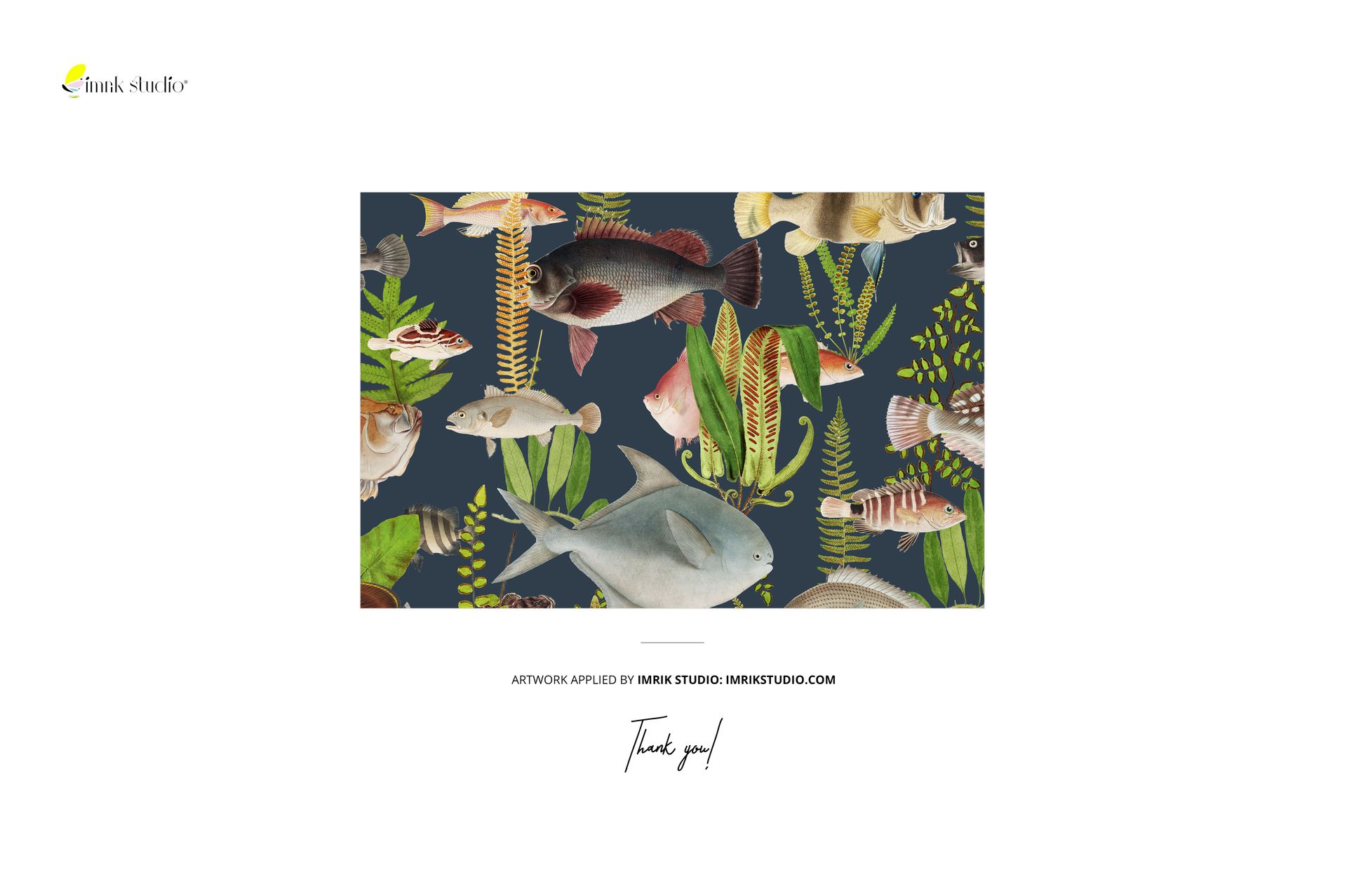 Fabric sample featuring a colorful fish and leaf pattern displayed on a cottage windowsill in a front view mockup.