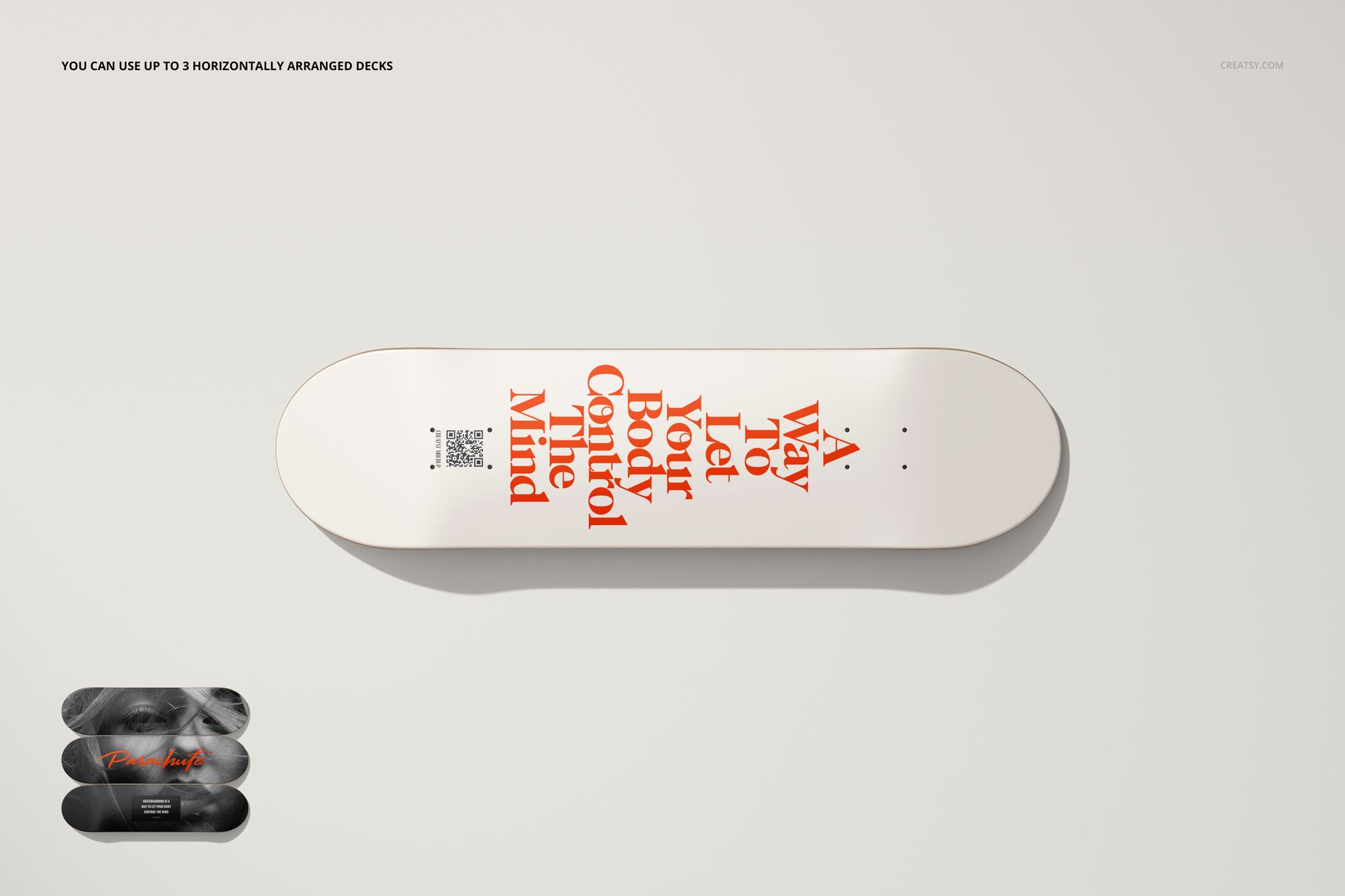 Horizontal skateboard deck featuring minimalist white design and large orange typography, shown in a wall art mockup.