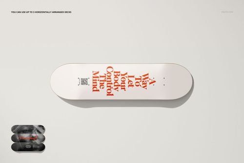 Horizontal skateboard deck featuring minimalist white design and large orange typography, shown in a wall art mockup.