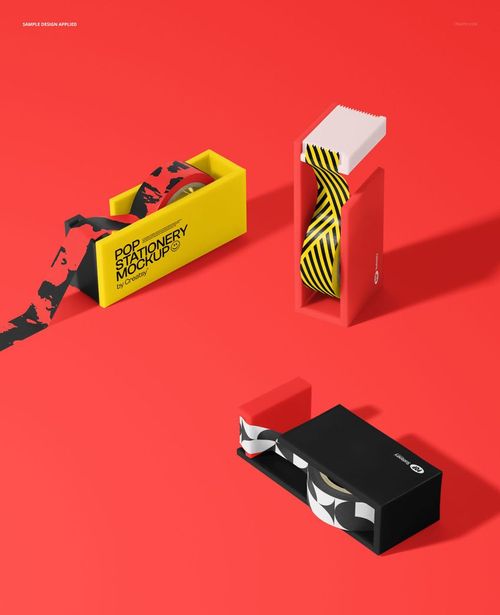 Stationery mockup featuring three washi masking tapes with tape cutters, shown in yellow, red, and black boxes on a red background.