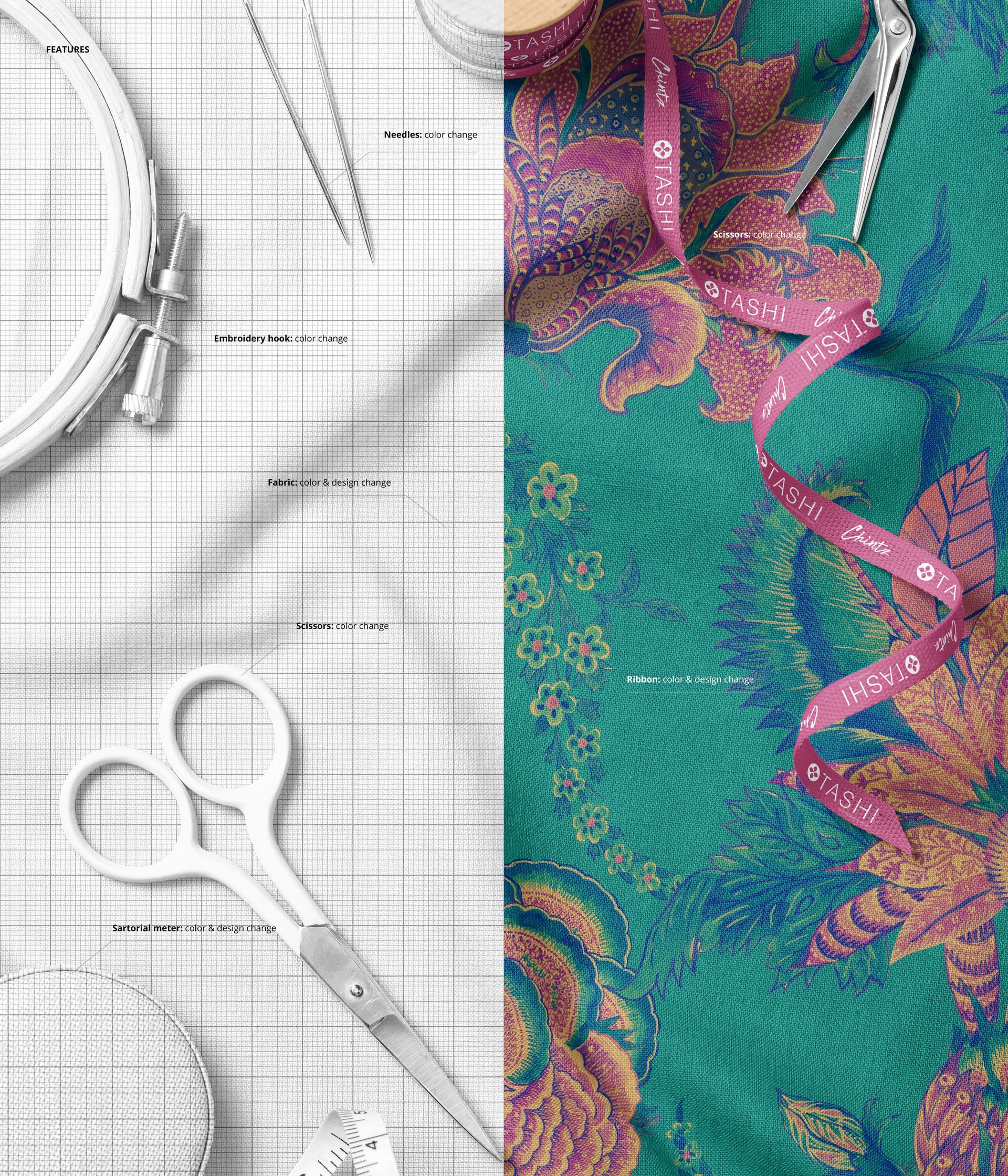 Flat lay of cotton fabric mockup with sewing accessories, featuring a vibrant botanical design and labeled tools.