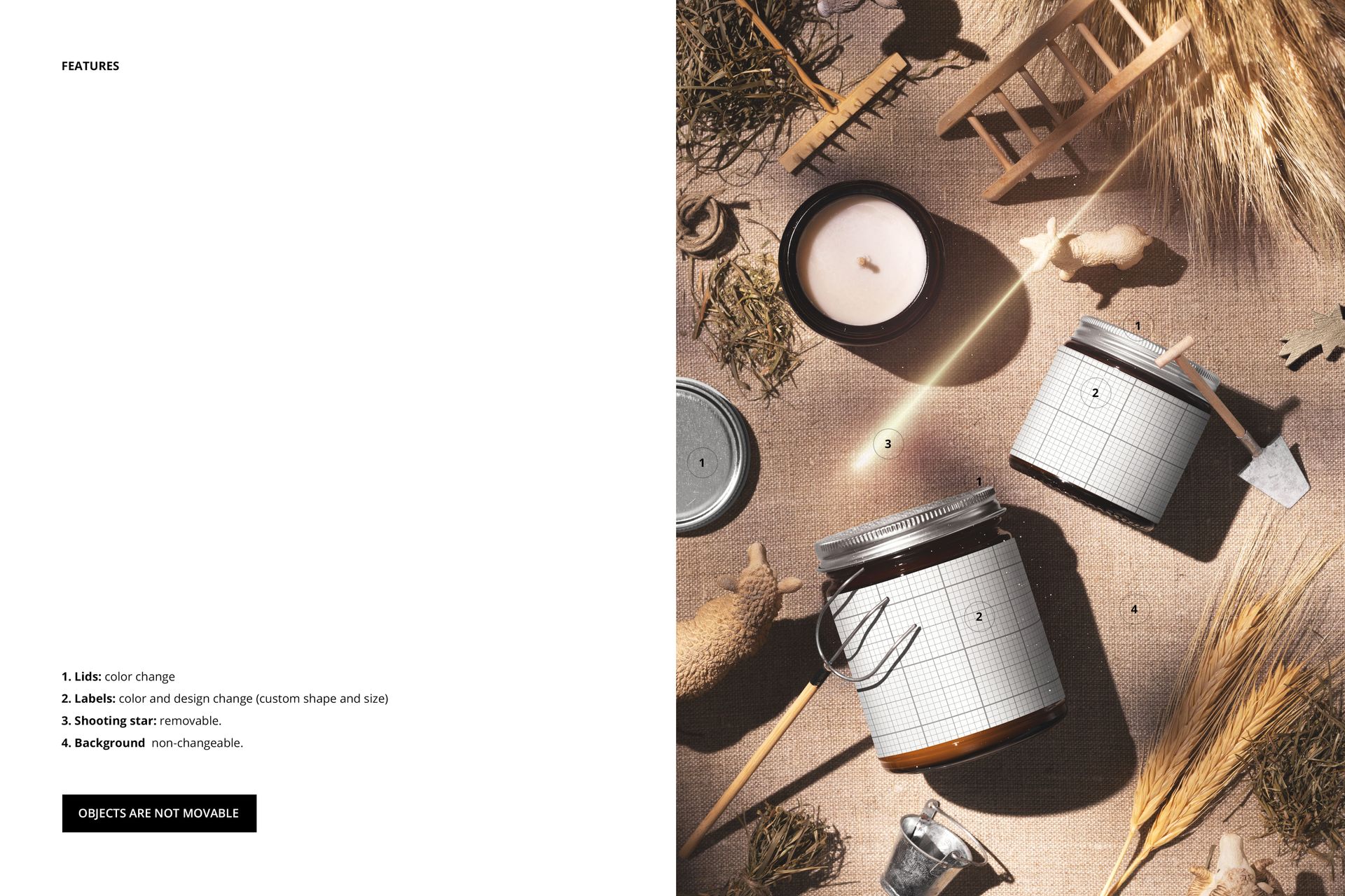 Amber jar candle PSD mockup with grid pattern labels, placed on burlap with straw, candle, and festive decorations.