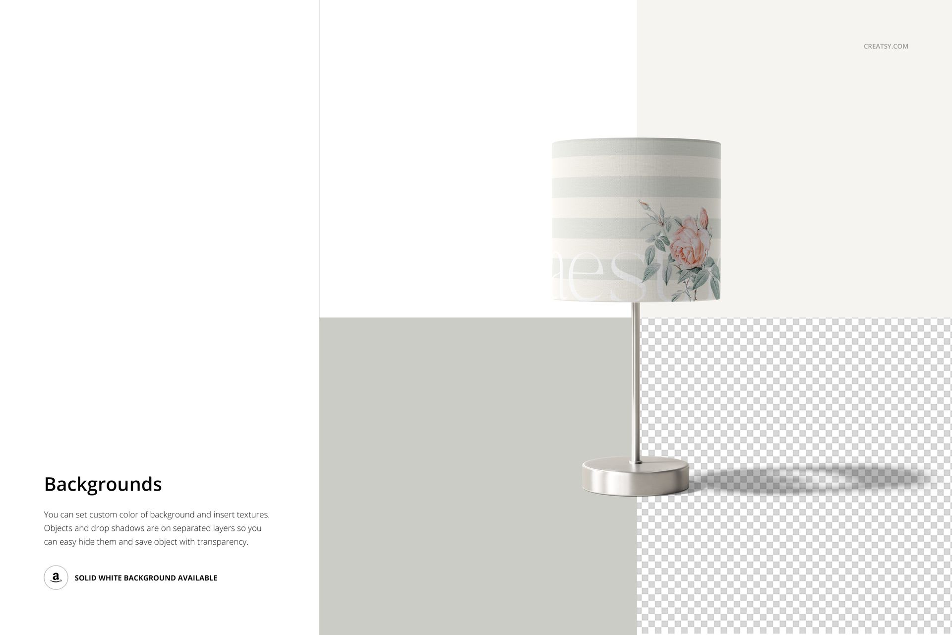 Lamp shade mockup with a cylindrical shape, featuring soft pastel stripes and floral design, shown on a metal stand.