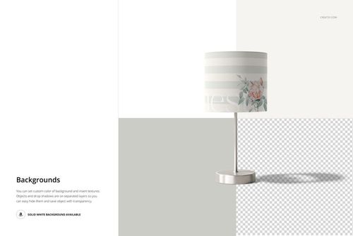 Lamp shade mockup with a cylindrical shape, featuring soft pastel stripes and floral design, shown on a metal stand.