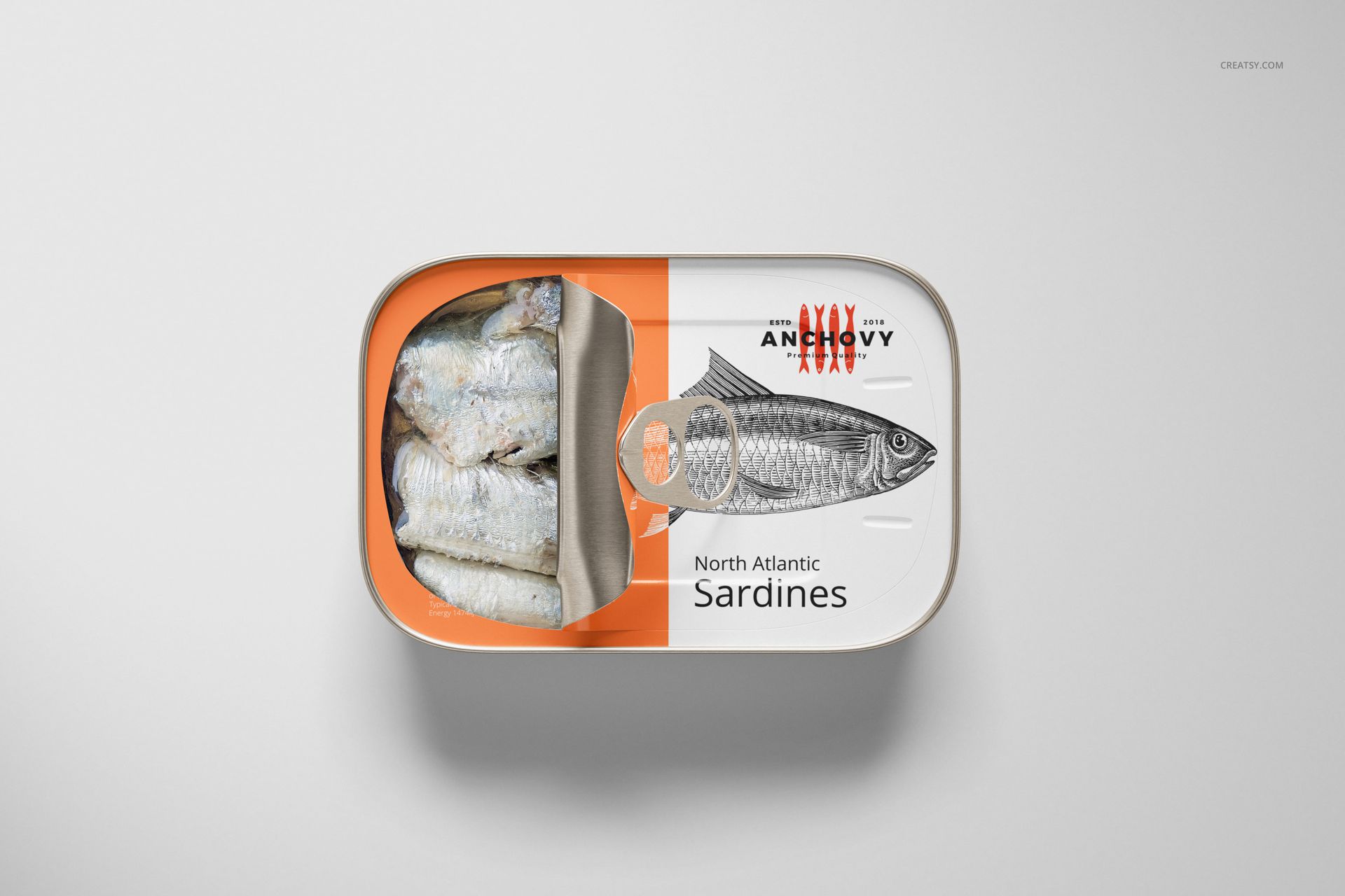 Rectangular sardine tin can mockup with partially opened lid, showing fish inside and white-orange label design.
