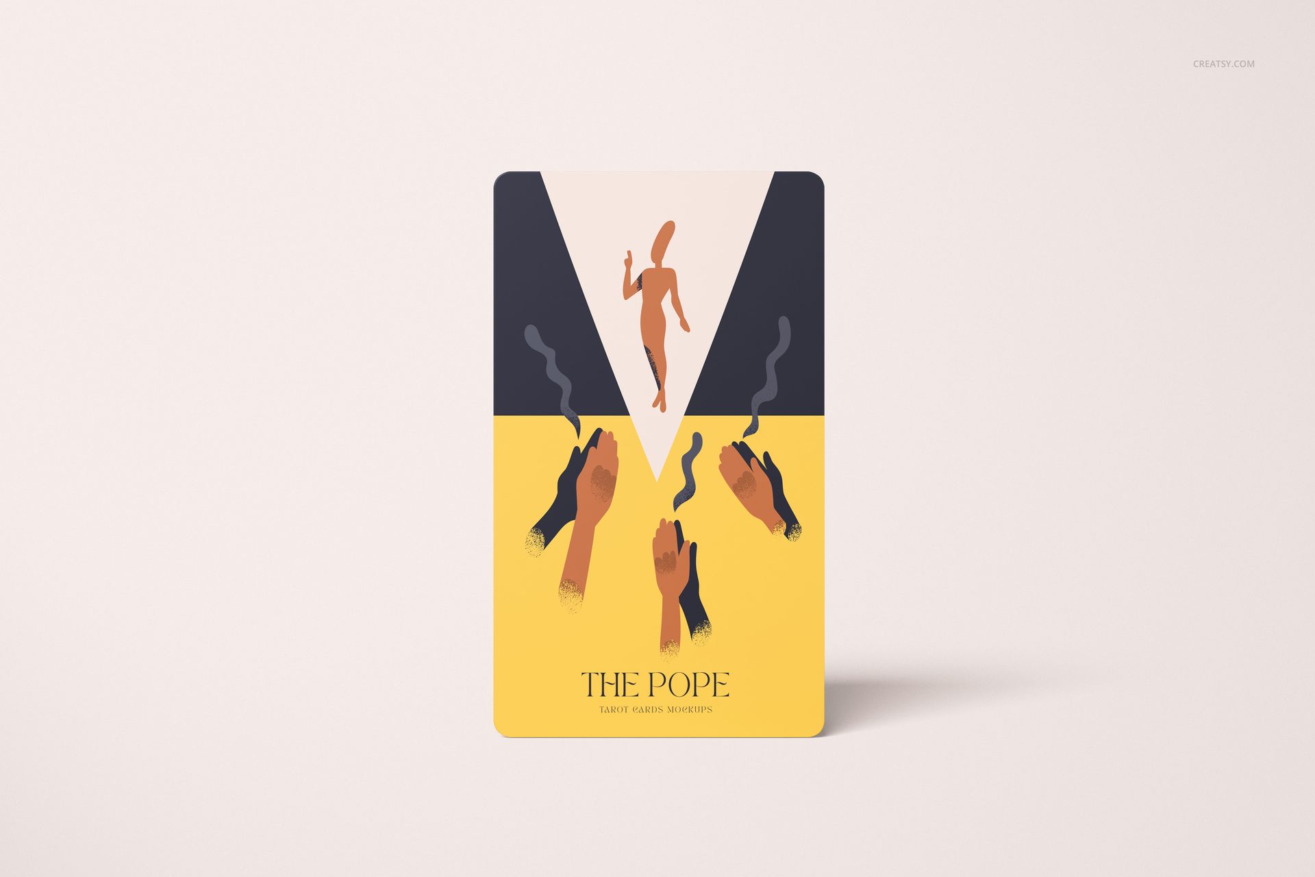 Single tarot card mockup featuring stylized hands and figure artwork, shown on a light neutral surface.