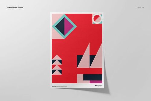 A3 fine art print mockup featuring geometric shapes in bold red, pink, black, and teal on textured paper, front view.