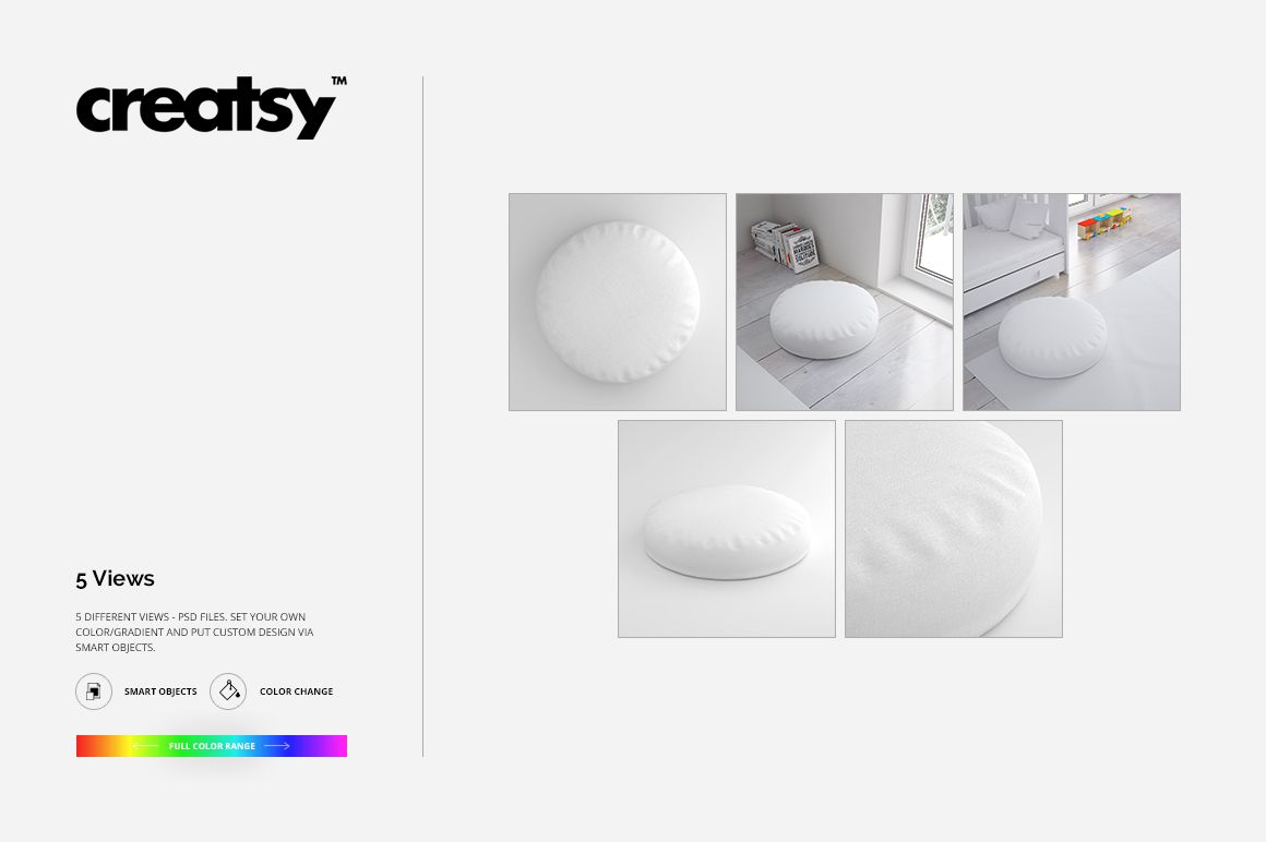 Round pillow PSD mockup set with multiple angles, highlighting smooth white surfaces in home environments.