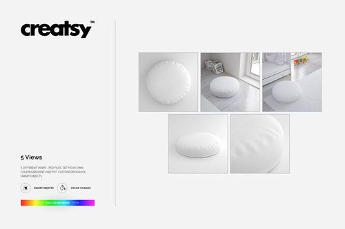 Round pillow PSD mockup set with multiple angles, highlighting smooth white surfaces in home environments.