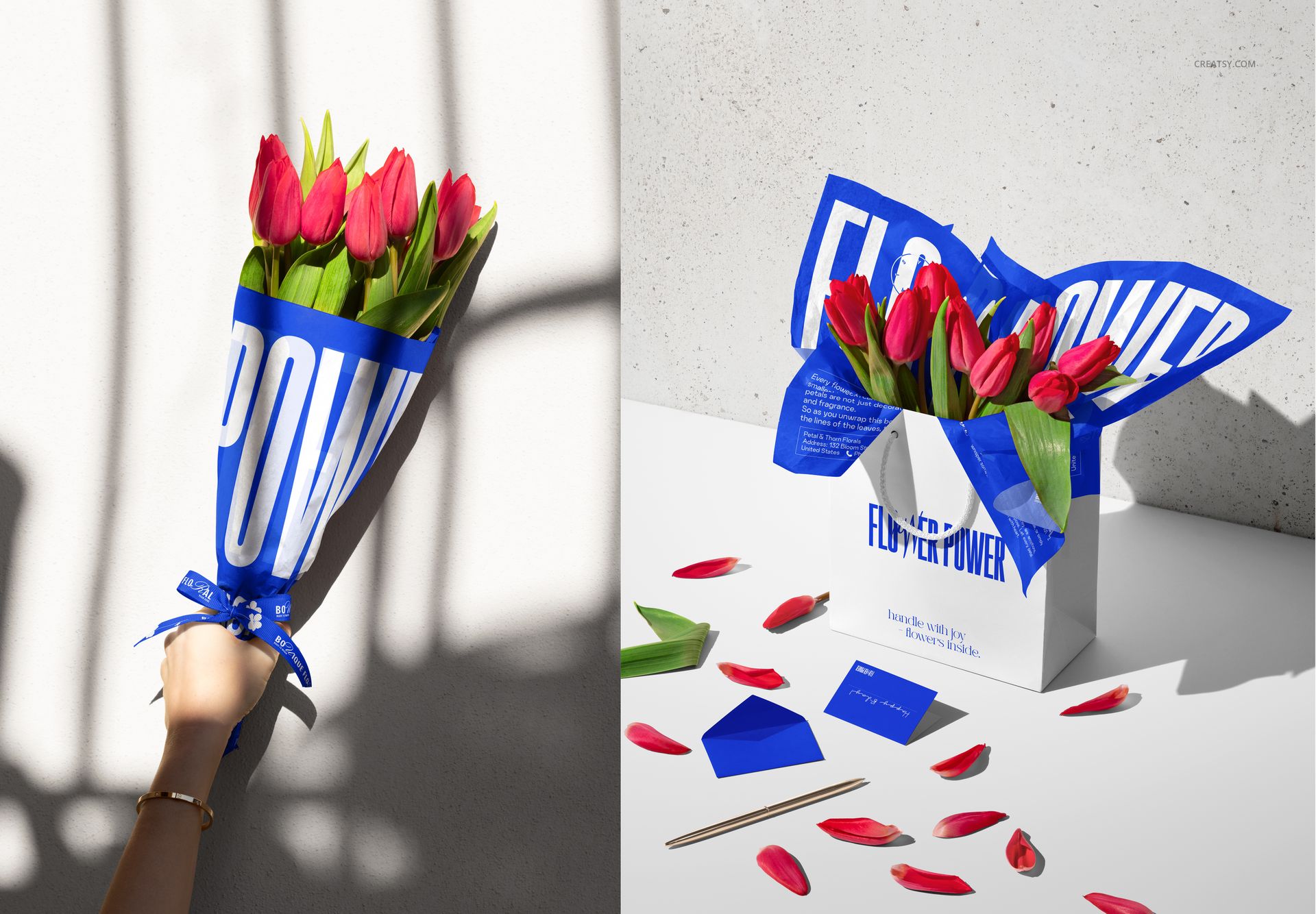 PSD mockup featuring pink tulips in blue and white tissue wrapping, displayed in hand and next to a white gift bag.
