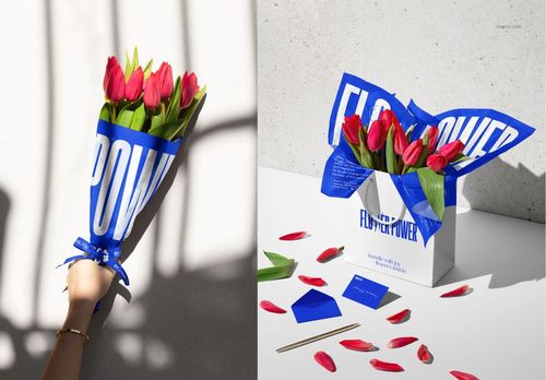 PSD mockup featuring pink tulips in blue and white tissue wrapping, displayed in hand and next to a white gift bag.