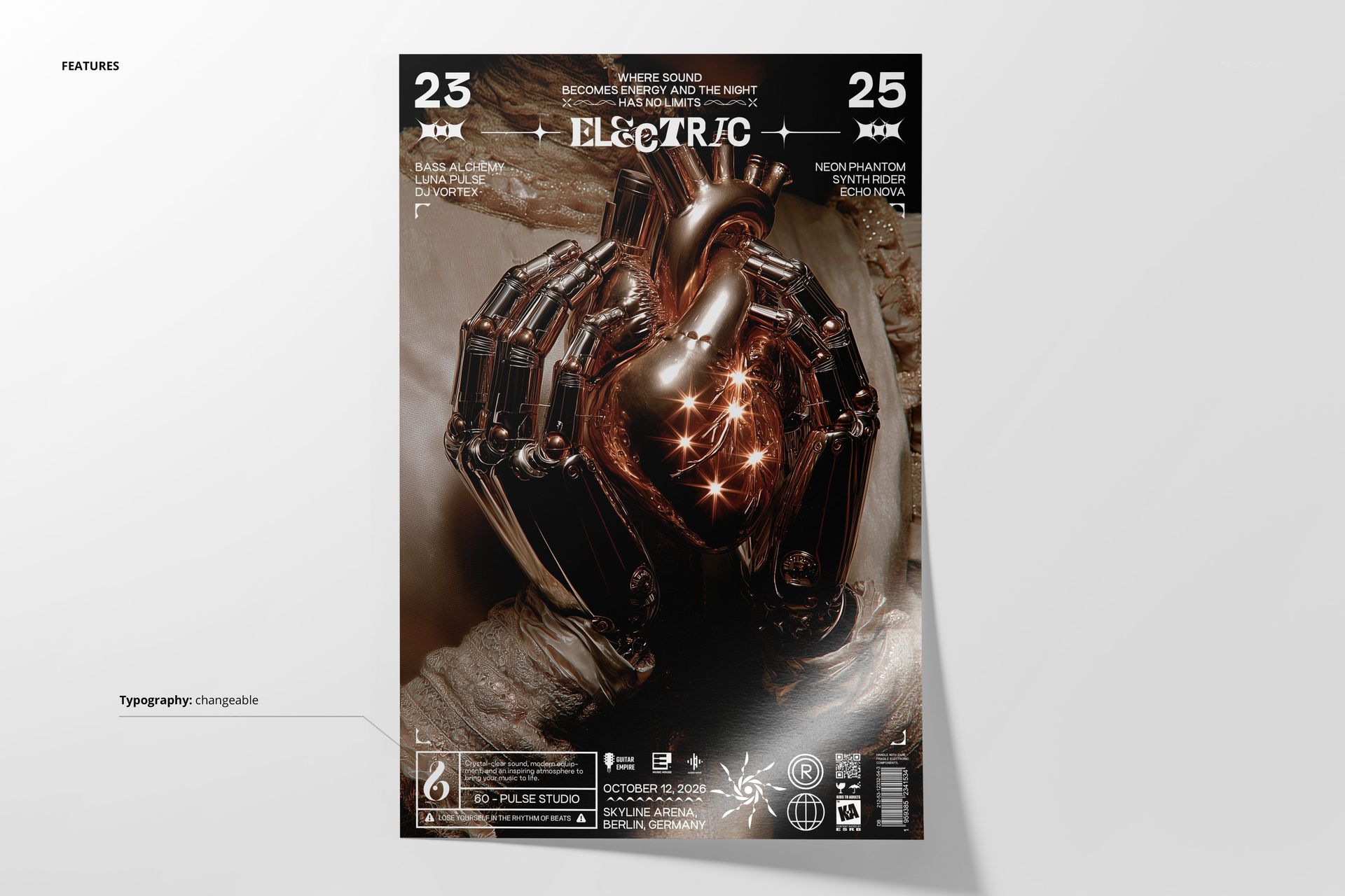 Iron Heart Desire poster mockup showing a futuristic heart design in shiny metal, surrounded by robotic hands, set against a neutral wall.