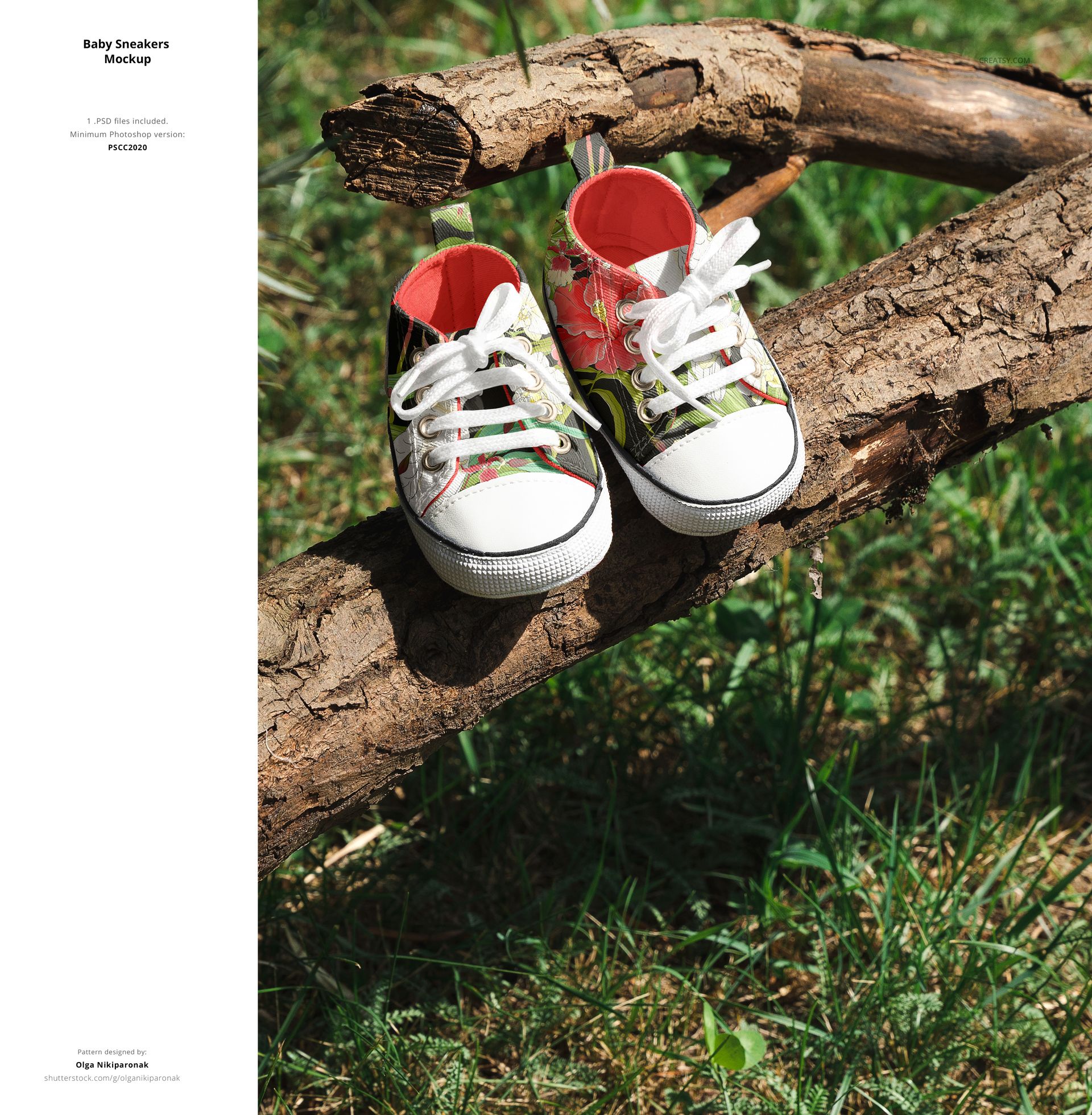 PSD mockup showing baby sneakers with multicolored patterns and white accents placed on a natural wood log.