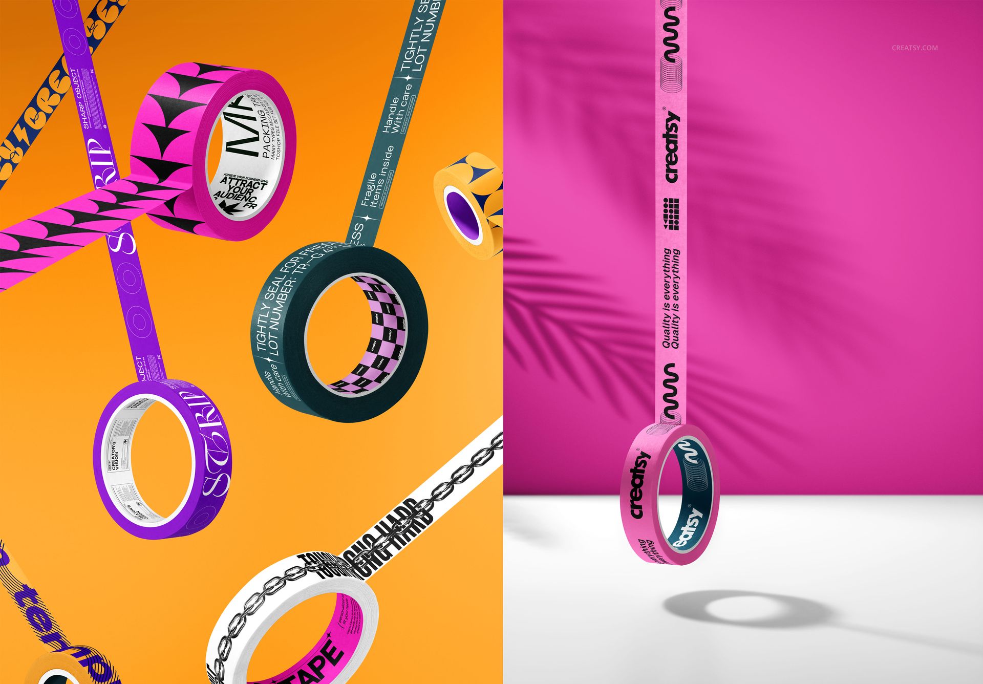Multiple packaging tape mockups in vibrant colors and bold designs, shown in mid-air on orange and pink scenes.