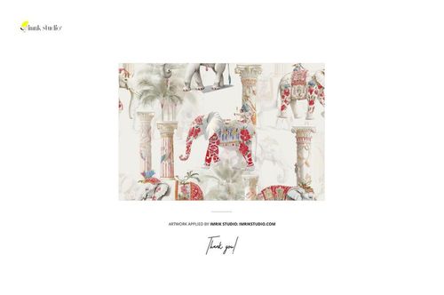 Patterned fabric with vibrant elephants and decorative pillars shown on a rustic windowsill, PSD mockup scene.