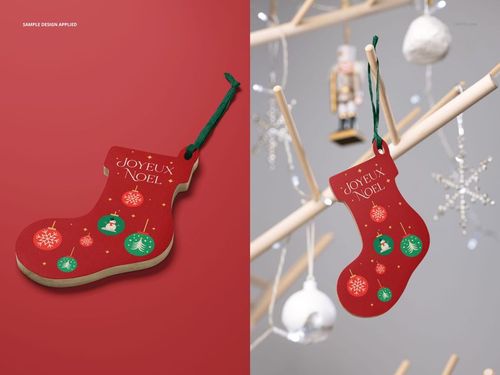 Wooden stocking-shaped Christmas ornament with red background, festive patterns, and green ribbon, shown in mockup.