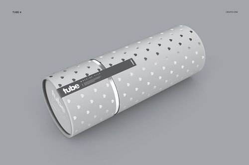 Paper tube mockup featuring a light gray surface and scattered white heart shapes, shown from a diagonal perspective.