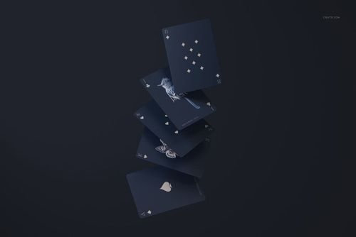 Vertical cascade of dark blue playing cards with clean white graphics, presented as a realistic PSD mockup.