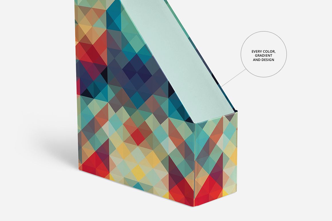 File holder mockup featuring a vibrant mosaic of colorful triangles, displayed from a front side perspective.