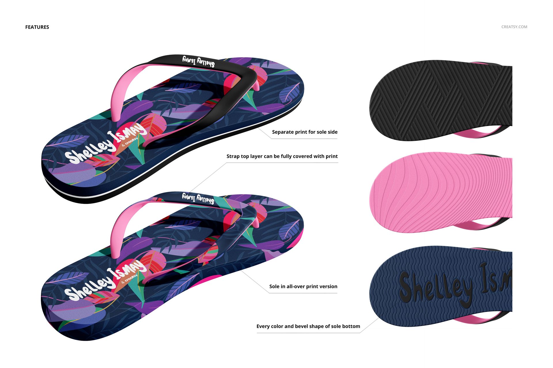 Flip flops mockup featuring a pair with colorful tropical leaf pattern, shown from angled side and top views with separate sole details.