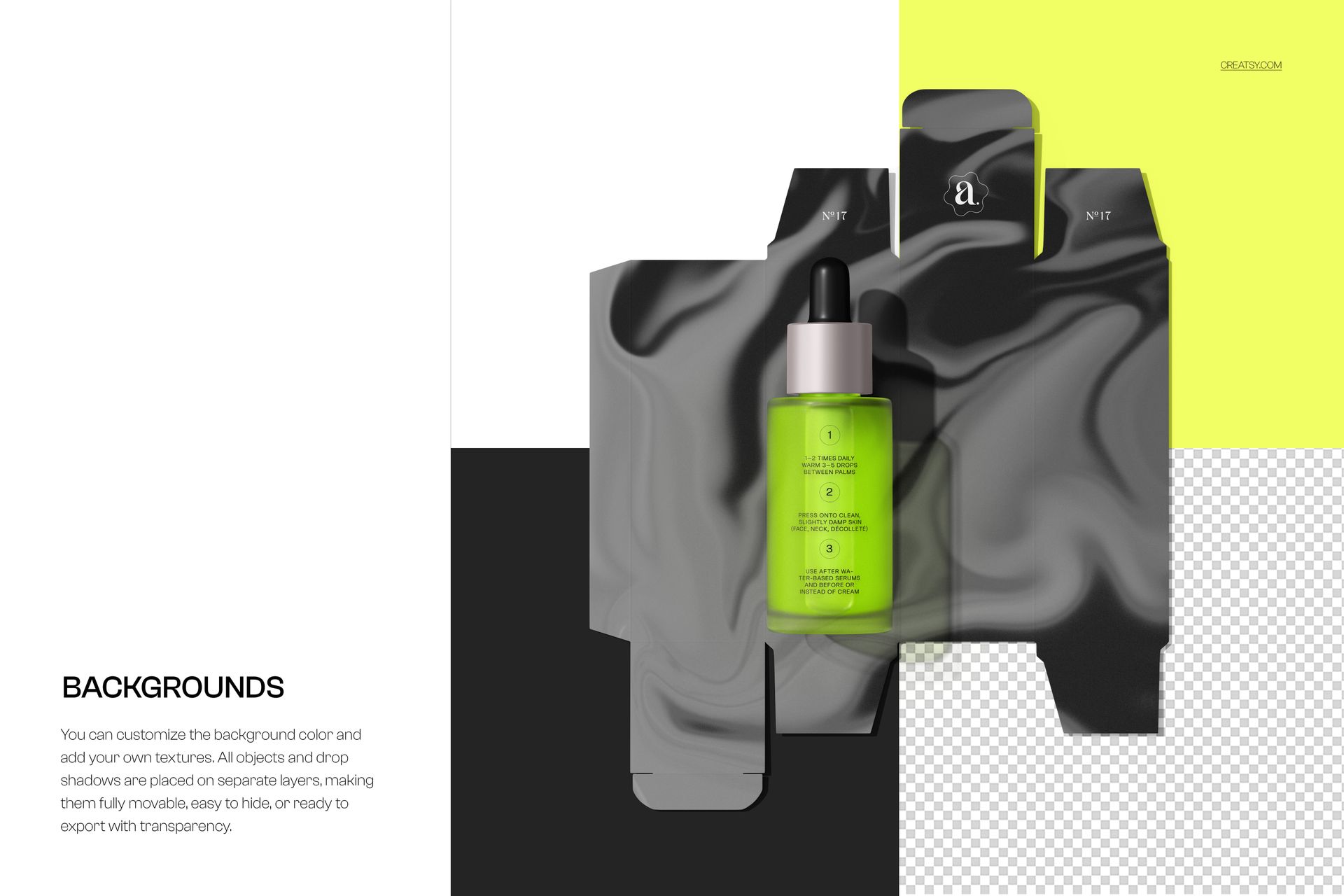 Dropper bottle with green liquid placed on a black and gray carton dieline, shown from a top view on a mockup scene.