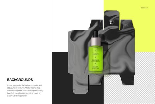 Dropper bottle with green liquid placed on a black and gray carton dieline, shown from a top view on a mockup scene.