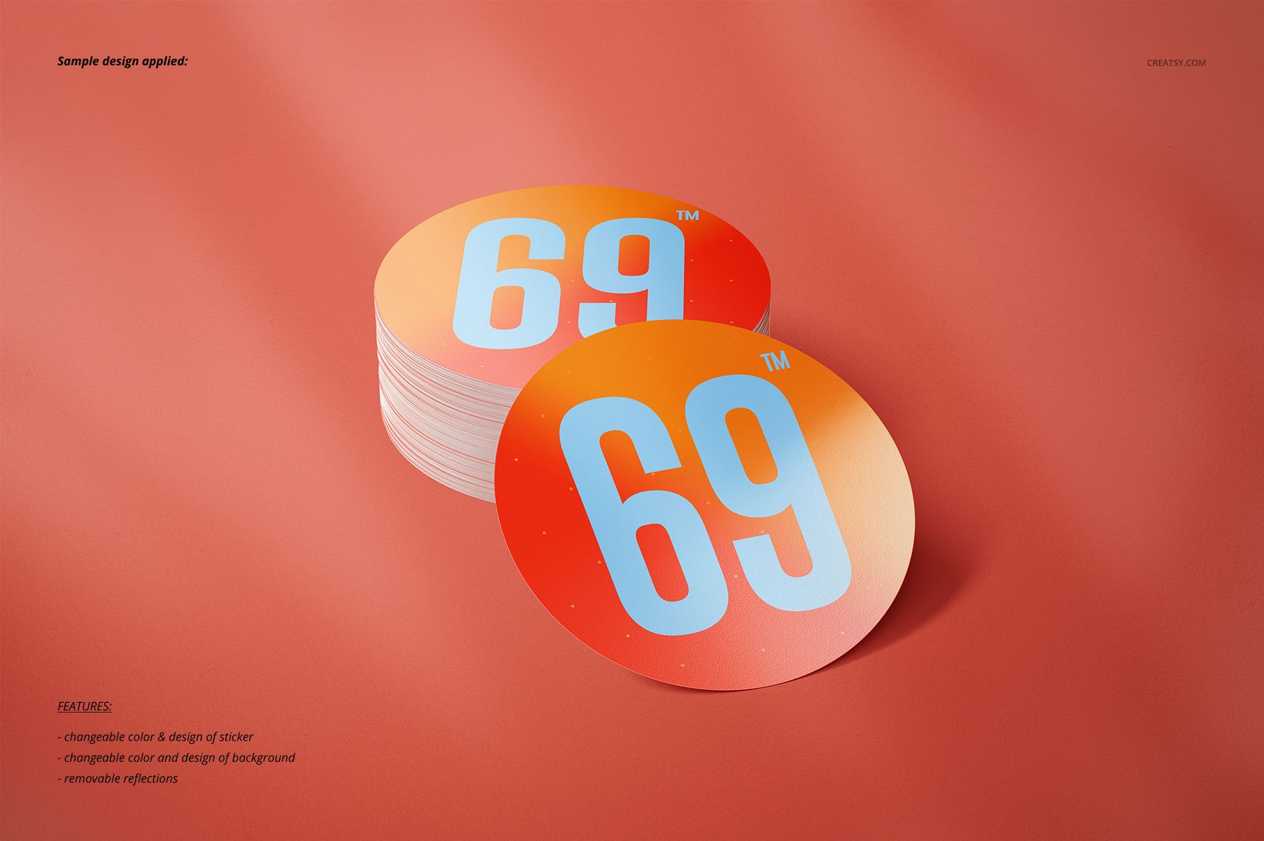 Round sticker PSD mockup featuring a stack and single sticker with large white numbers on an orange-red background.