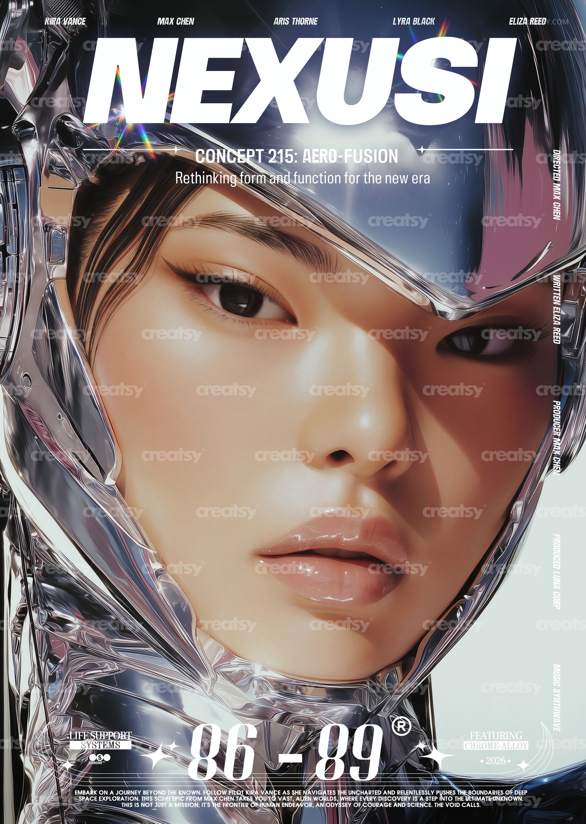 Front view of a poster mockup with futuristic chrome and metallic abstract shapes, featuring a central blank area.