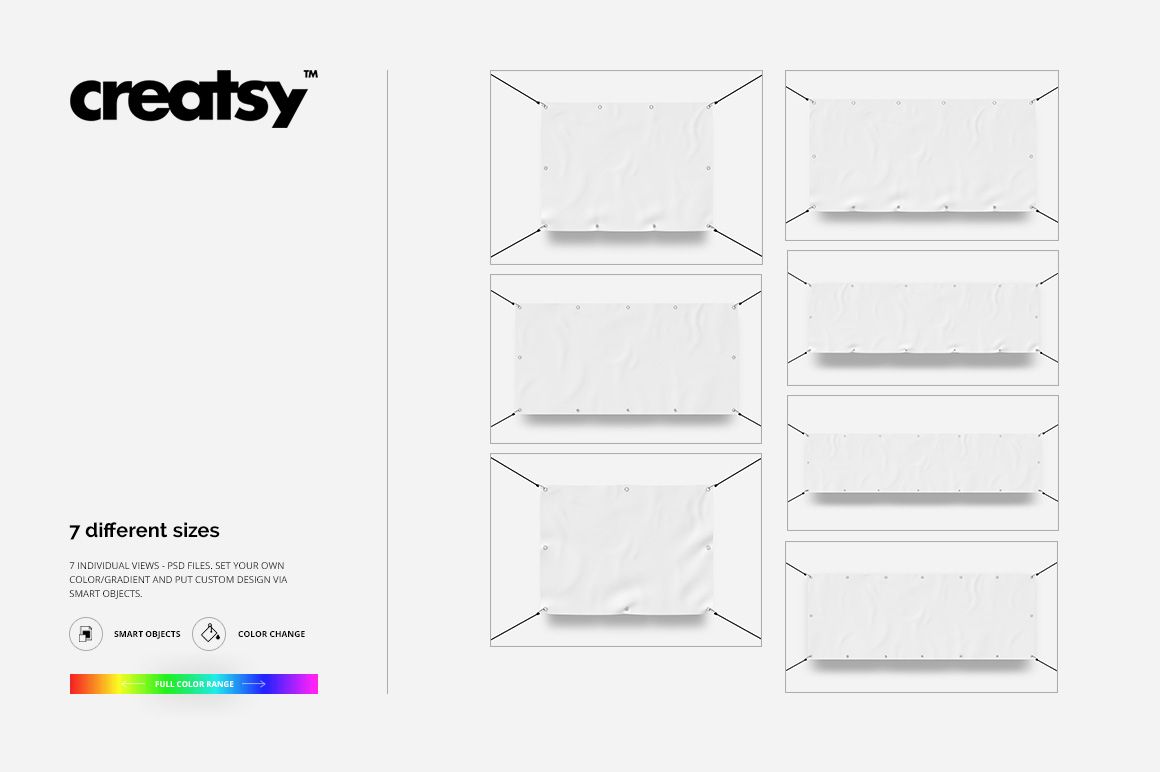 Set of seven outdoor banner mockups in various rectangular sizes, displayed on a white background with visible grommets.
