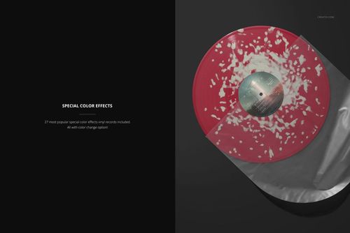 Mockup of a red translucent vinyl record with white spots, shown in a semi-transparent sleeve on a black background.