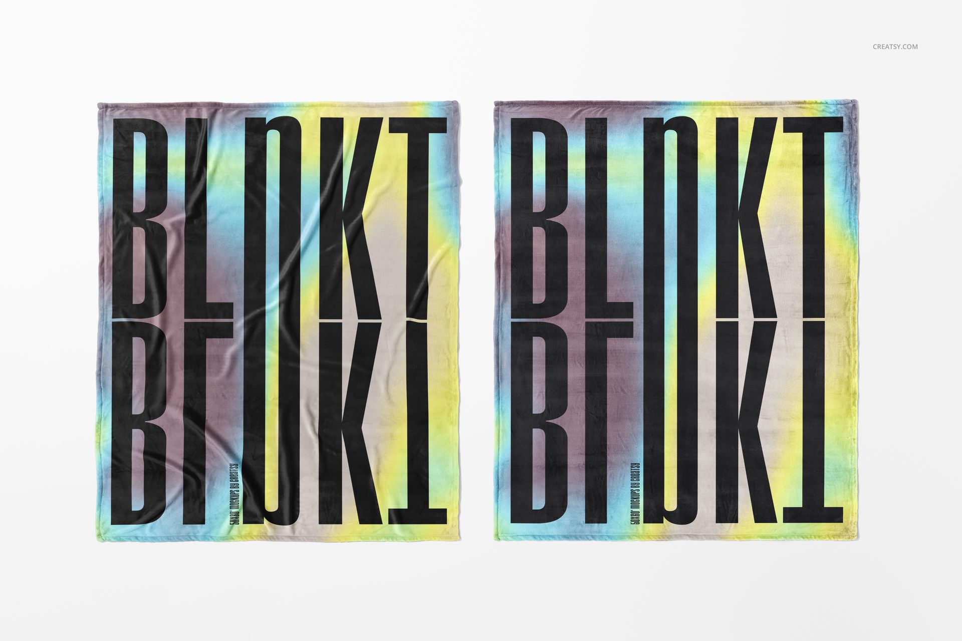 Fleece blanket PSD mockup set showing two blankets side by side, each with oversized text and gradient color effects.