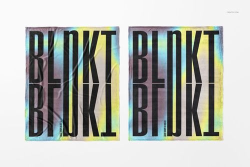 Fleece blanket PSD mockup set showing two blankets side by side, each with oversized text and gradient color effects.