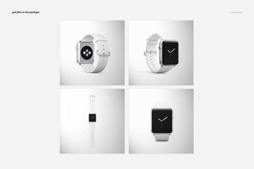 Apple Watch with white leather band and visible stitching shown in four mockup views on a light background.