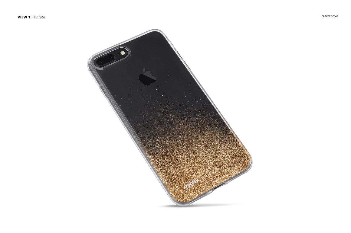 iPhone 7 Plus clear case mockup featuring gold glitter pattern, displayed from a back angled perspective.
