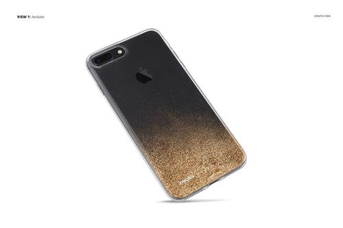 iPhone 7 Plus clear case mockup featuring gold glitter pattern, displayed from a back angled perspective.