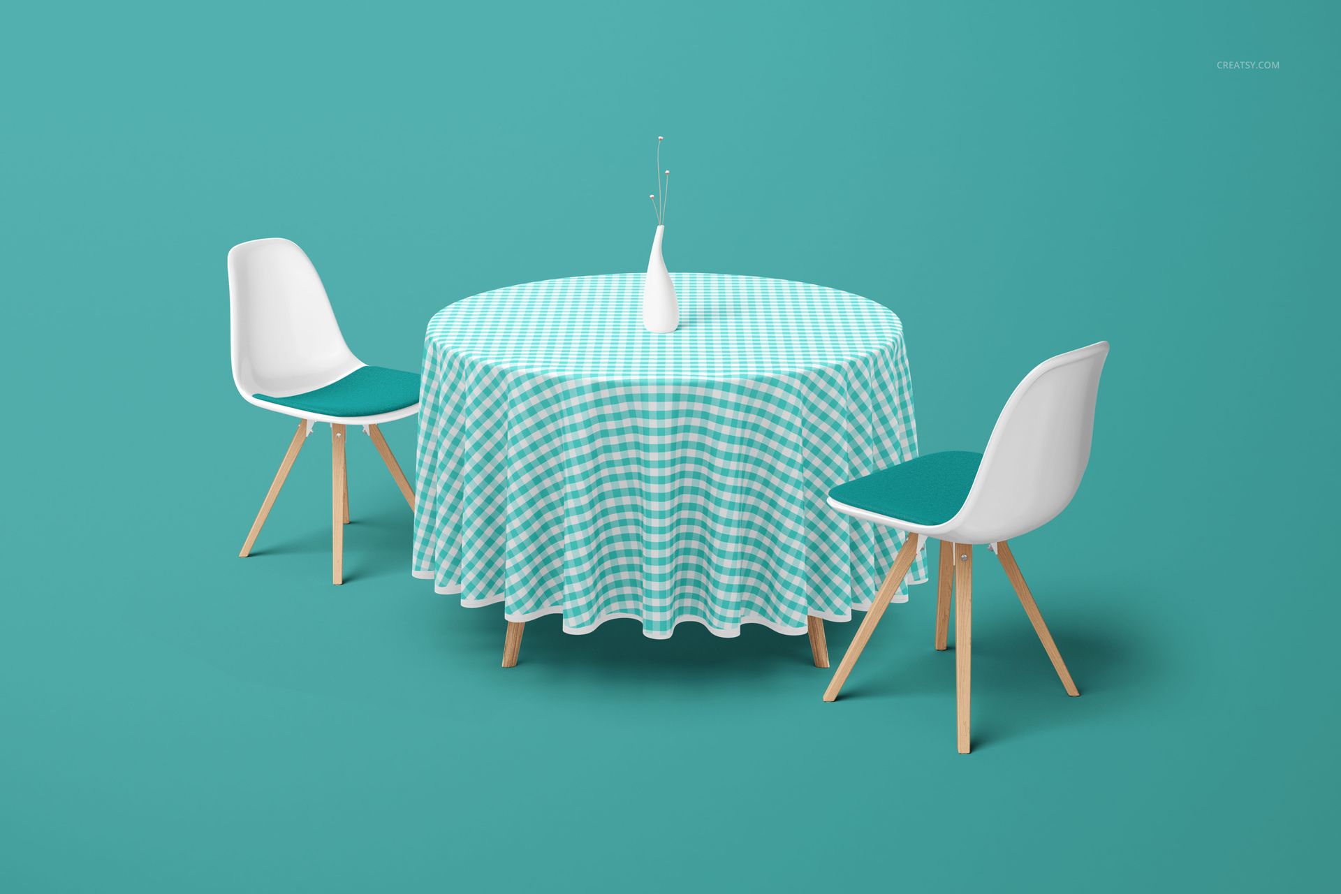 Mockup of a round table with a checkered turquoise tablecloth, two white chairs, and a white vase in the center.