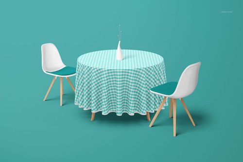 Mockup of a round table with a checkered turquoise tablecloth, two white chairs, and a white vase in the center.
