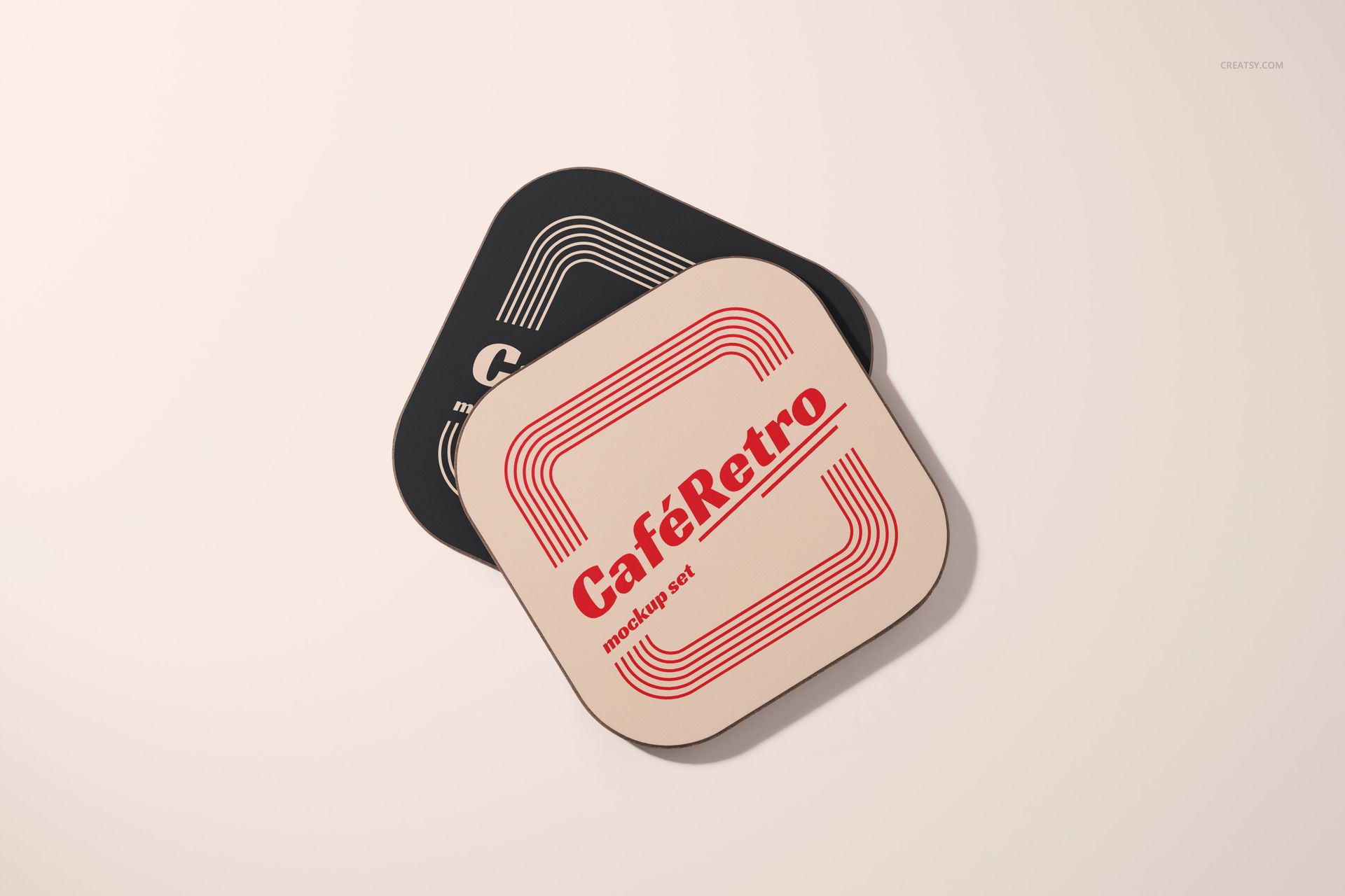 Mockup of hard wooden base coasters, stacked on a light background, displaying retro-inspired graphics and colors.