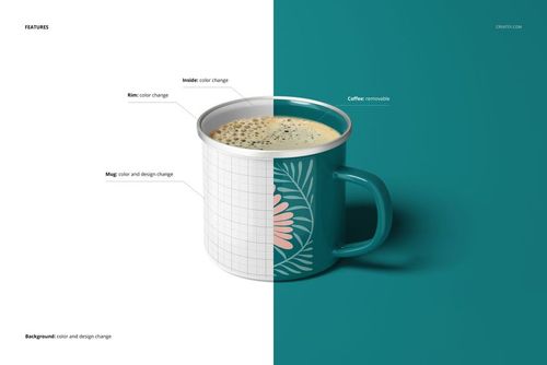 Enamel mug with silver rim shown in a split view, featuring a teal floral pattern on one side and grid mockup on the other.