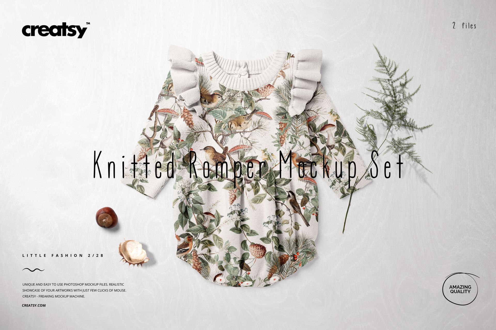 Knitted romper mockup displayed flat, showing a detailed woodland pattern and ruffled shoulders, surrounded by leaves and a shell.