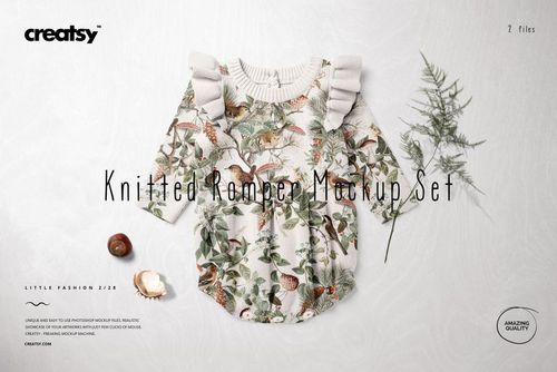Knitted romper mockup displayed flat, showing a detailed woodland pattern and ruffled shoulders, surrounded by leaves and a shell.