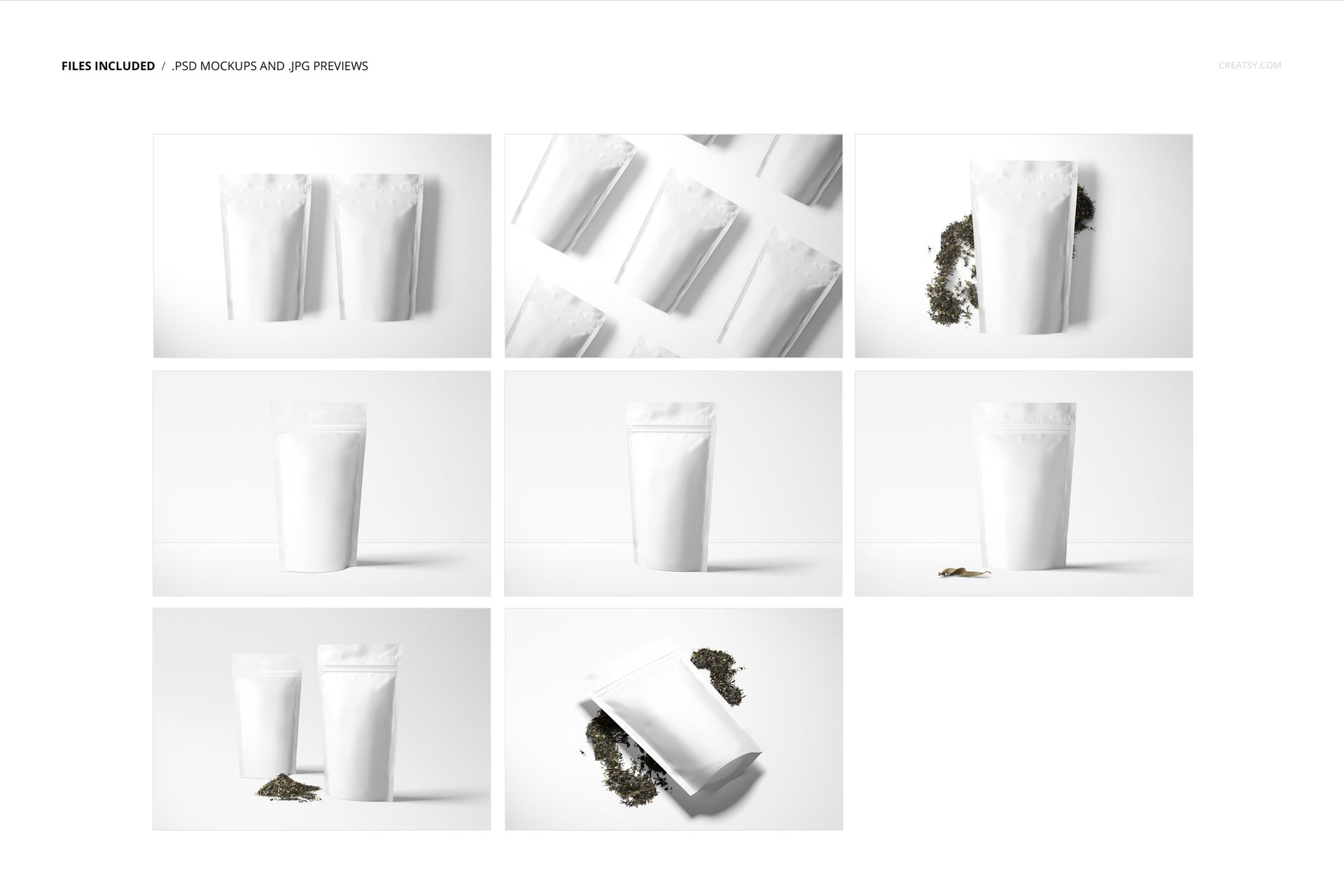 Front and angled views of white stand up zip lock bags displayed on a plain background, showcasing packaging mockup.