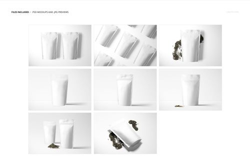 Front and angled views of white stand up zip lock bags displayed on a plain background, showcasing packaging mockup.