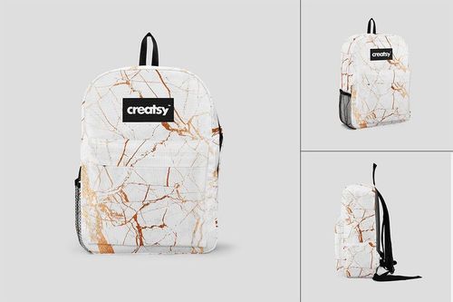 Three perspectives of a backpack mockup featuring a white and orange marble design, including front and side views.