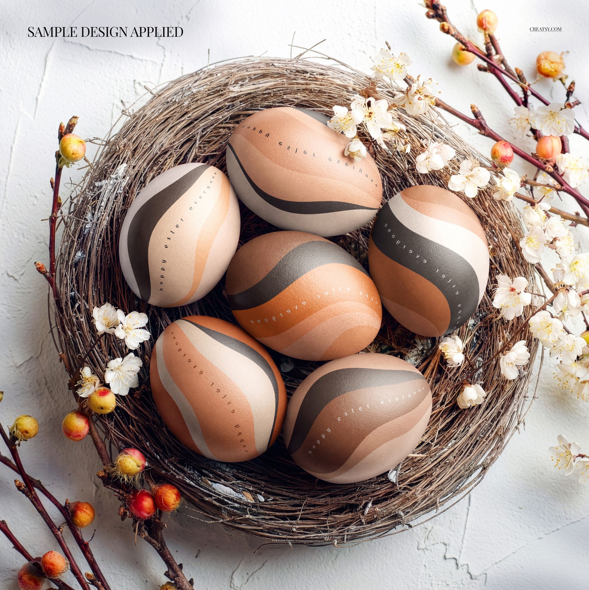 PSD mockup featuring Easter eggs in a nest, each with curved designs in earthy colors, accented by blossoms.