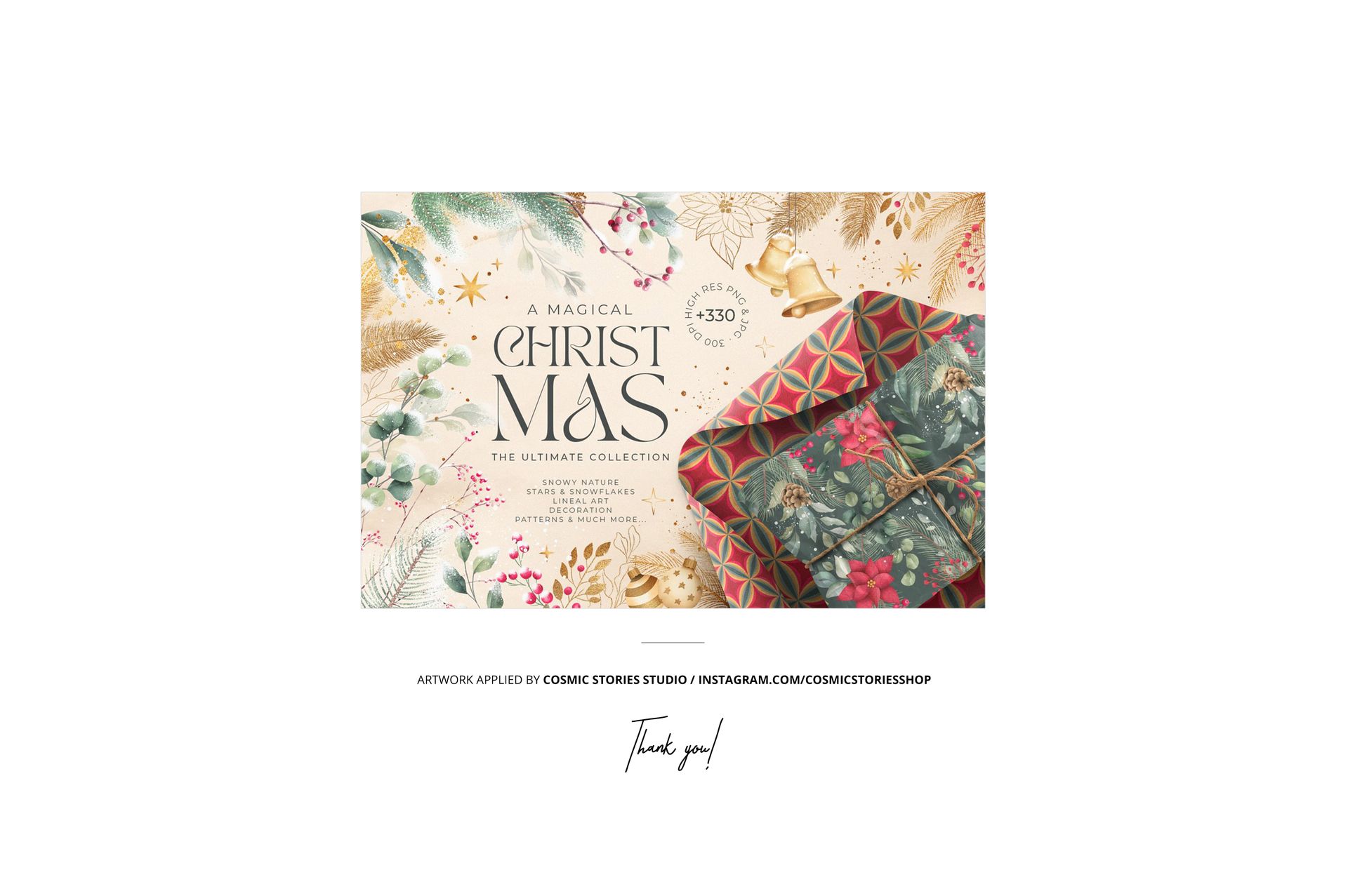 Gift wrapping paper mockup set featuring several sheets with festive Christmas patterns in red, green, and gold tones.