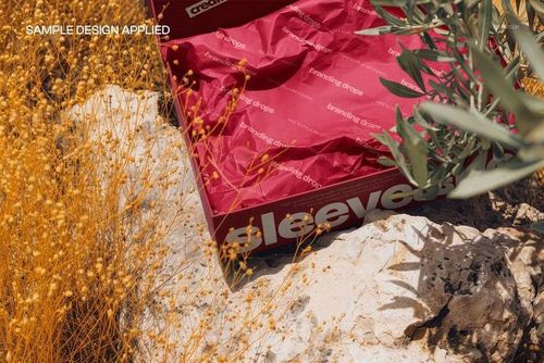 Packaging mockup showing an open box with patterned red tissue paper placed outdoors on a bright rocky surface.