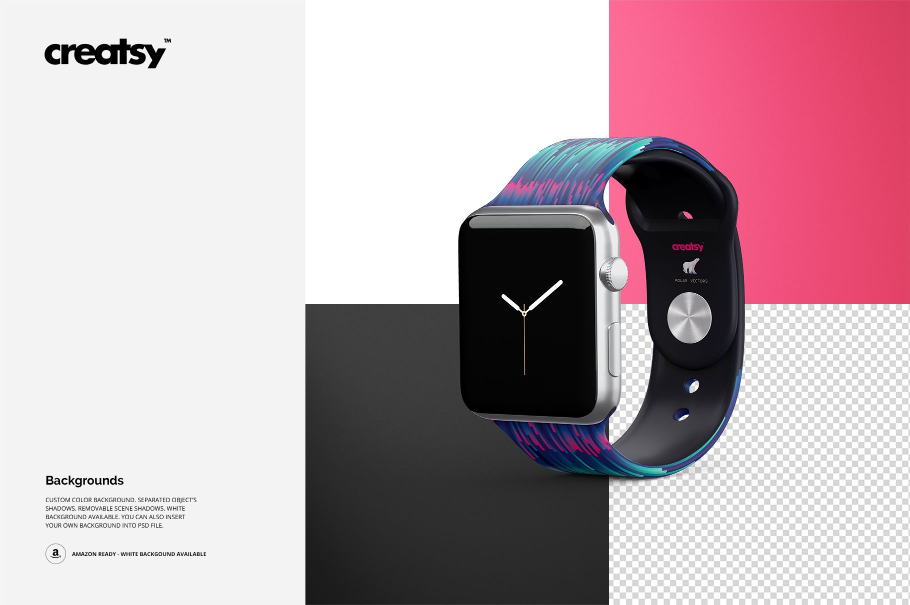 Apple Watch band mockup featuring a multicolored patterned strap, shown at an angle on a split color background.